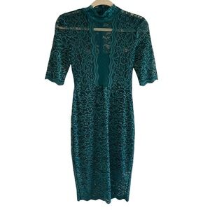 Express Womens Lace Mock Neck Sheath Dress Emerald Green Sz 2 Short Sleeve Party